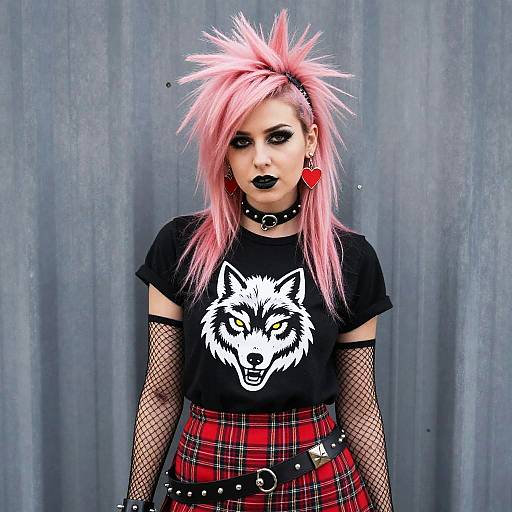 Photograph of a punk-rock woman with spiky pink hair, black lipstick, wolf t-shirt, red plaid skirt, fishnet arms, and