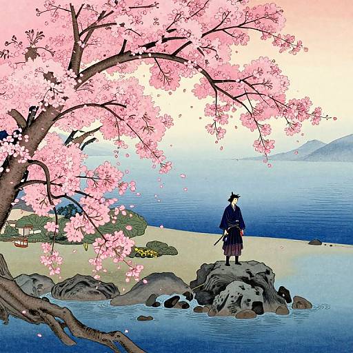 Digital art: Japanese samurai in dark robes and hat stands on rocks by serene lake, surrounded by pink cherry blossoms. Background: calm water,