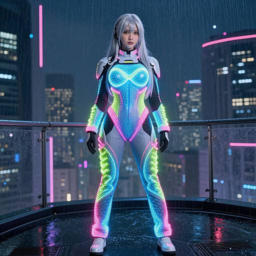 CGI image of a glowing, neon-lit, silver-haired woman in a futuristic, bodysuit standing on a rainy rooftop at night, with