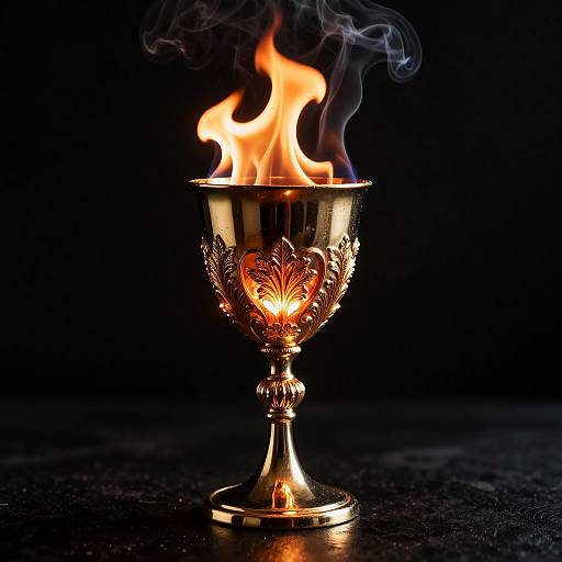 Photograph of a golden, ornate chalice with a flaming fire, emitting blue smoke, set against a dark, black background.
