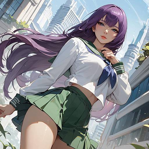 Anime-style digital artwork of a purple-haired girl in a white sailor uniform and green skirt, standing in a sunny urban setting.