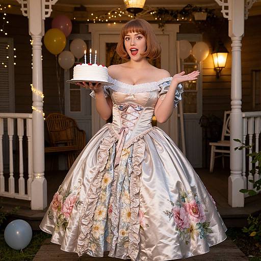 Photograph of a fair-skinned woman with short brown hair in a silver, floral-embroidered ball gown, holding a cake with two candles