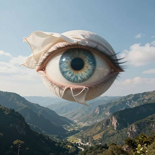 Photorealistic CGI: A floating, detailed blue-eyed human eye with long lashes, surrounded by a cracked, translucent skin-like membrane, above a lush