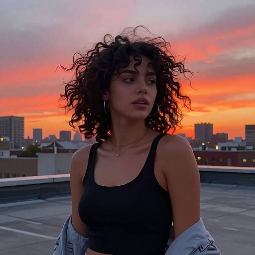 Photograph of a curly-haired woman in a black tank top, standing on a rooftop at sunset with an orange and pink sky, city skyline in the
