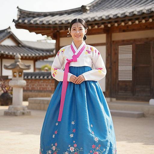 Photograph of a smiling Asian woman in traditional Korean hanbok with white top, blue floral skirt, pink ribbon, standing in front of a historic