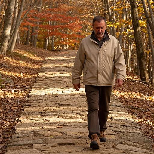 Photograph of a middle-aged man with short dark hair, wearing a beige jacket, black pants, and brown boots, walking on a sunlit,