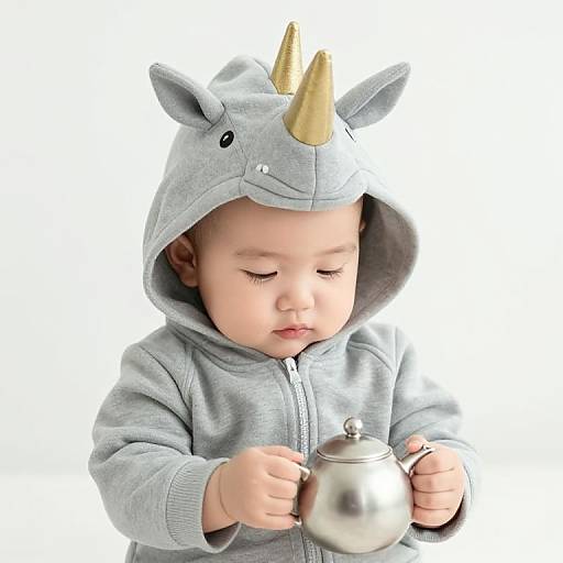 Baby in Rhino Hoodie with Teapot