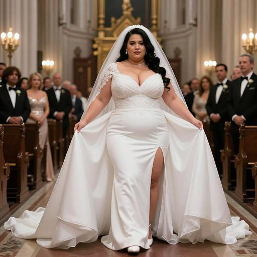 Photograph of a plus-size bride in a white, low-cut, satin wedding gown with a veil, standing confidently in a grand, ornate church