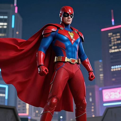 Dynamic Male Superhero in Neon City