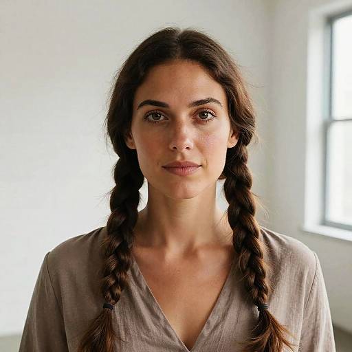 Photograph of a young woman with long dark brown hair in two braids, wearing a light gray V-neck shirt, standing in a bright, white