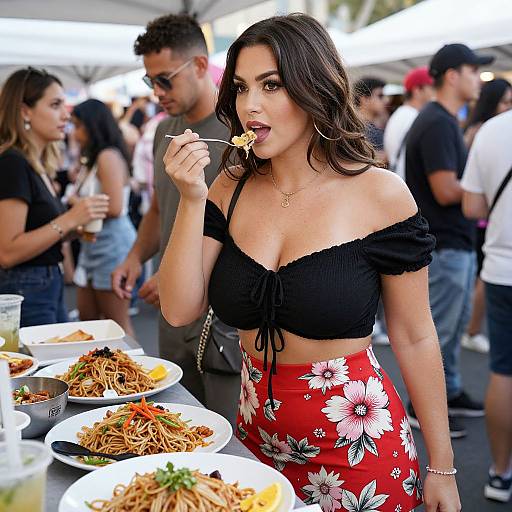Photograph of a curvy woman with long dark hair, wearing a black off-shoulder top and red floral skirt, eating noodles at a crowded