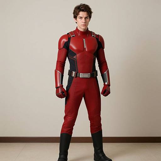 Photograph of a young man with short dark hair, wearing a red and black superhero suit, standing against a plain white wall.