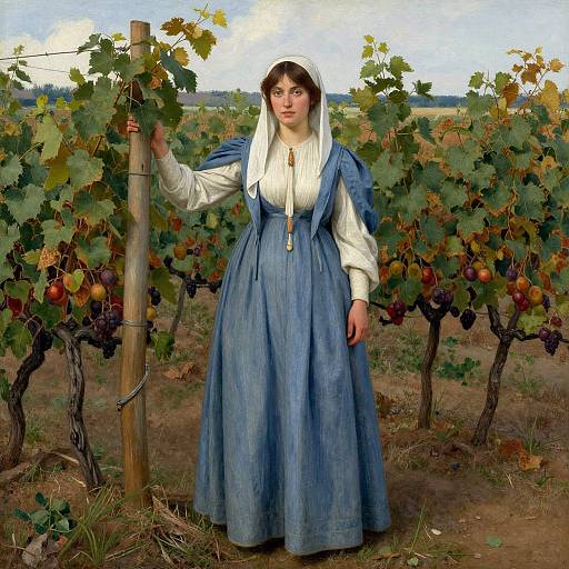 Digital painting of a young woman in a blue dress and white headscarf, standing in a grapevine orchard, holding a wooden post.