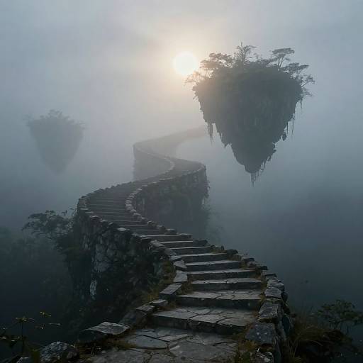 Misty, ethereal photograph of a winding stone staircase ascending to floating islands with sparse trees, bathed in soft, diffused sunlight.