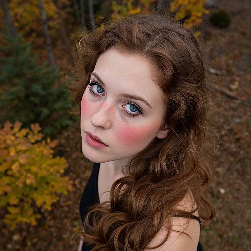 Photograph of a fair-skinned, blue-eyed young woman with wavy brown hair, pink cheeks, and black tank top, looking up against a
