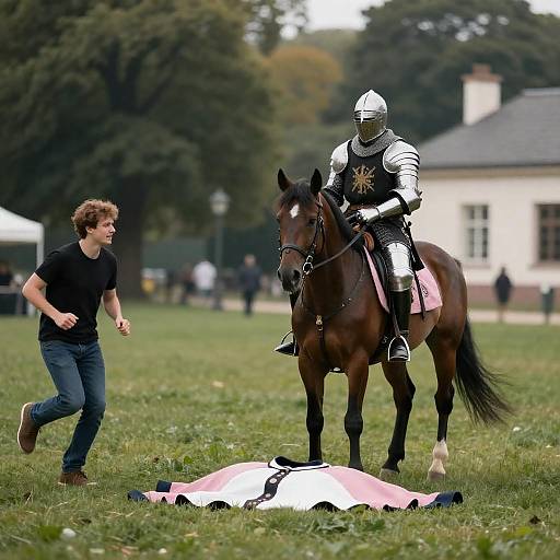 Medieval Knight on Horseback in Park