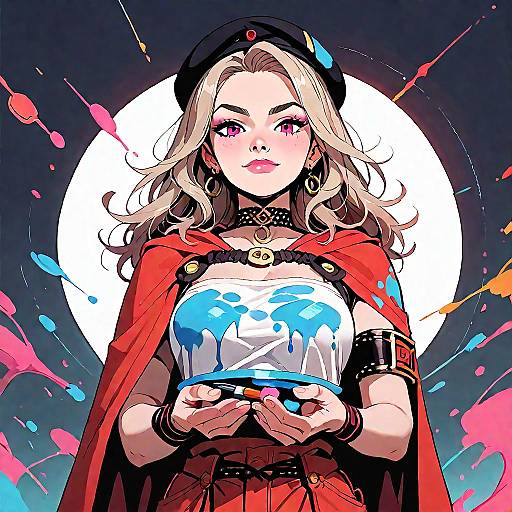 Digital artwork of a blonde woman with pink eyes, wearing a black beret, red cape, and white top with blue paint splatter, holding a