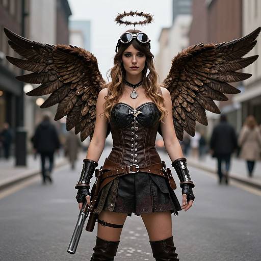 Digital art: Angelic woman with brown wings, leather corset, skirt, gloves, goggles, halo, holding gun, standing on urban street.