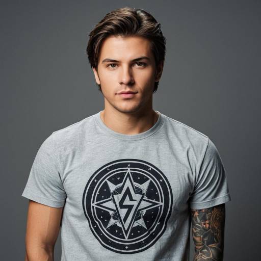 Young Man with Tattoo Wearing Grey Graphic T-Shirt