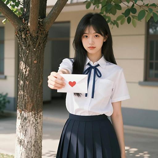 Schoolgirl Under Tree with Heart Envelope