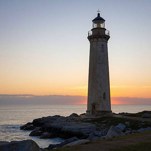 Photograph of a tall, weathered lighthouse silhouetted against a vibrant sunset, standing on rocky shoreline with calm ocean waves.