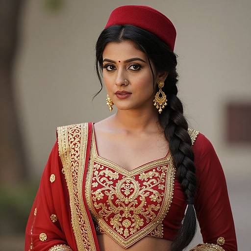 Photograph of an Indian woman with dark hair in a braid, wearing a red and gold embroidered traditional outfit, red cap, and gold jewelry,