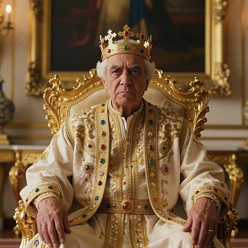 Photograph of an elderly, white male Pope wearing an ornate gold crown and white, embroidered religious robes, seated on a grand, gold throne in