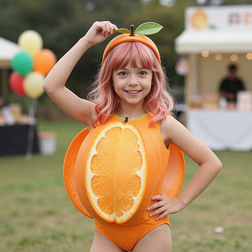 Photograph of a smiling young girl with pink hair, wearing an orange costume with a large orange slice and leaf headband, posing outdoors at a festive