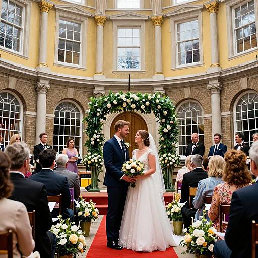 Photograph of a bride and groom standing at an ornate, flower-adorned altar in a grand, circular, yellow-walled room, surrounded