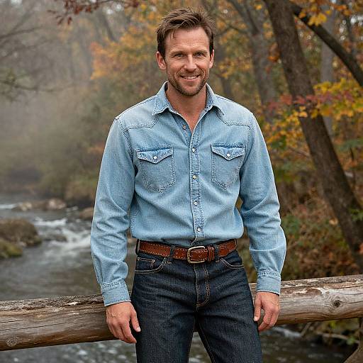 Photograph of a smiling, bearded man in a light blue denim shirt and dark jeans, leaning on a wooden log in a foggy, autumn