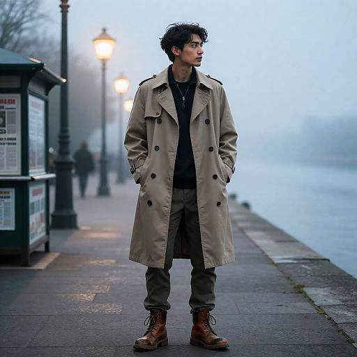 Man in Trench Coat on Foggy Riverside Promenade