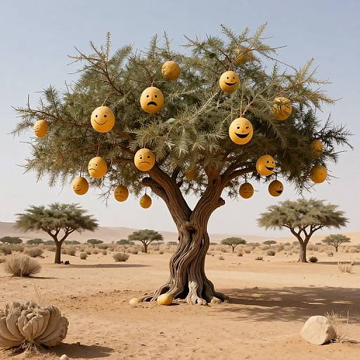 Photograph of a desert tree with yellow smiley face pumpkins hanging from its branches, surrounded by sandy terrain and scattered cacti under a clear