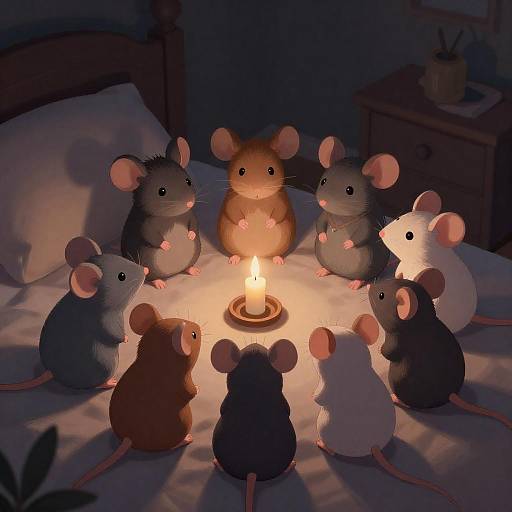 Cozy Candlelit Gathering of Eight Mice