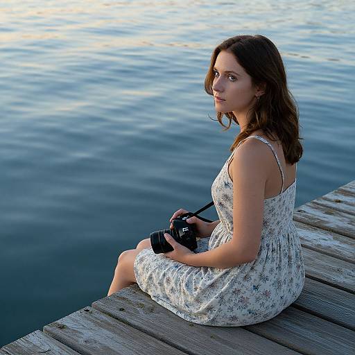 Photograph of a young woman with wavy brown hair, wearing a white floral dress, sitting on a wooden dock, holding a camera, looking over