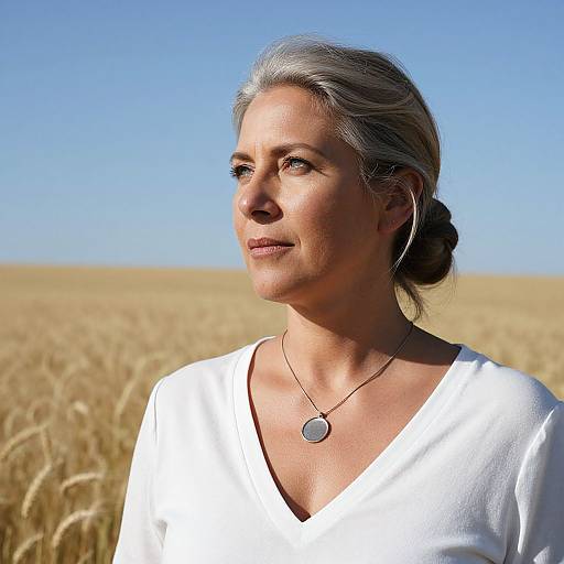 Photograph of a silver-haired woman with a fair complexion wearing a white V-neck shirt and silver necklace, standing in a golden wheat field under a clear