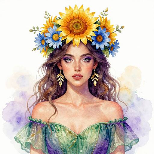 Digital watercolor portrait of a fair-skinned woman with wavy brown hair, green off-shoulder dress, sunflower and blue flower crown,