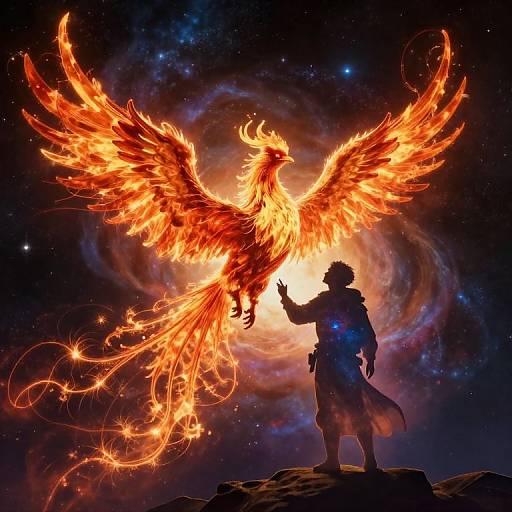Silhouetted warrior with outstretched hand touches fiery, majestic phoenix against a cosmic background of swirling galaxies and stars. Digital artwork.
