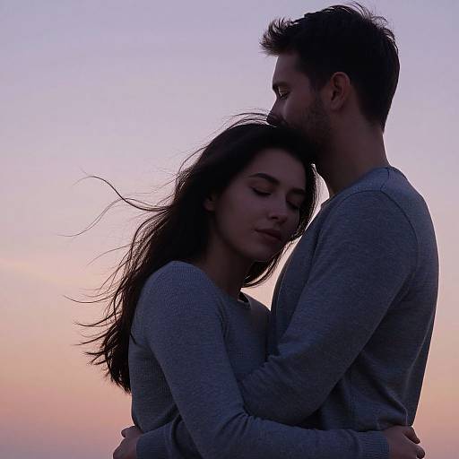 Photograph of a silhouetted couple embracing at sunset. She has long, flowing hair, closed eyes, and a serene expression. He has