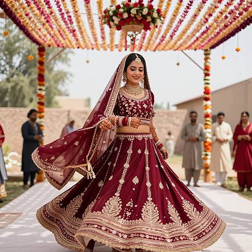 Photograph of a smiling South Asian bride in a maroon and gold embroidered lehenga, veil, and jewelry, twirling under colorful garland arch