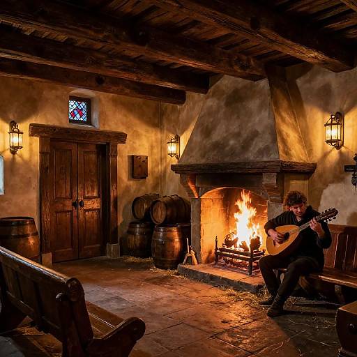 Photograph of a rustic, dimly lit tavern with a roaring fireplace, wooden ceiling beams, musician playing guitar, wooden barrels, and warm lantern light