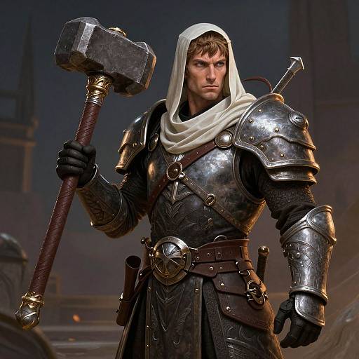 CGI image of a muscular, serious male warrior in shining metal armor, white hood, holding a large, heavy hammer, standing in a dark,