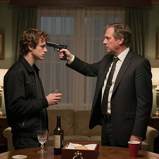 Tense Confrontation in a Dark Room