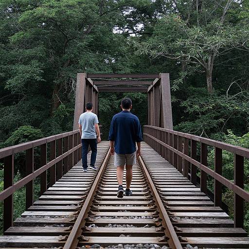 Photograph of two men walking on a wooden railway bridge through dense green forest, viewed from behind; one in white shirt, blue jeans; other in