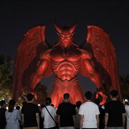 Giant Glowing Demon Statue at Night