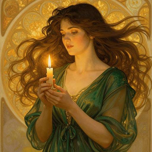 Digital artwork of a serene, fair-skinned woman with long brown hair, wearing a green, semi-transparent dress, holding a lit candle, set against