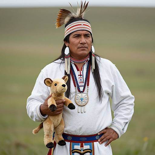 Photograph of a Native American man with long black hair, wearing a white traditional shirt, headband with feathers, and large earrings, holding a stuffed