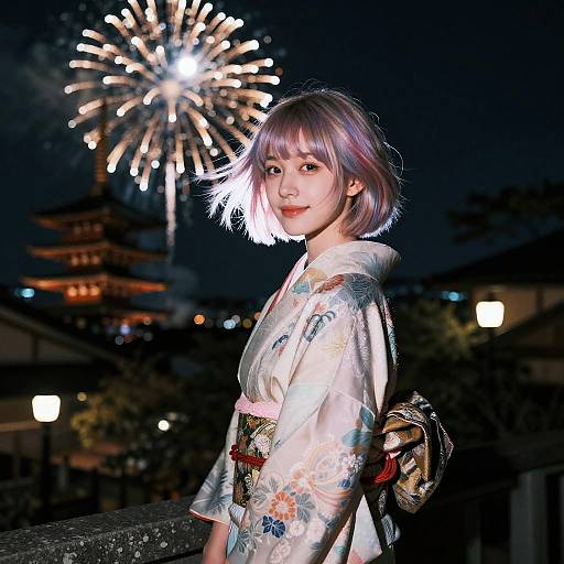 Young Woman in Kimono with Fireworks in Kyoto