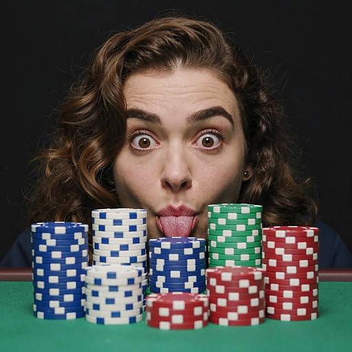 Photograph of a woman with wavy brown hair and wide eyes, tongue out, leaning over a green poker table, licking colorful poker chips (blue