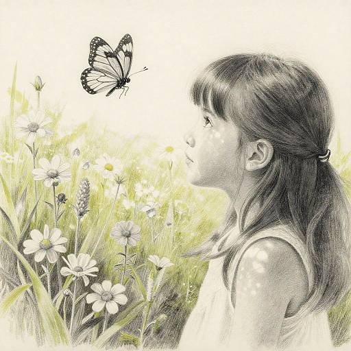 Delicate Pencil Drawing of Girl and Butterflies