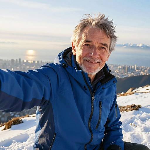 Smiling middle-aged man with grey hair and beard, wearing a blue jacket, taking a selfie on a snowy mountain peak with a cityscape and sun